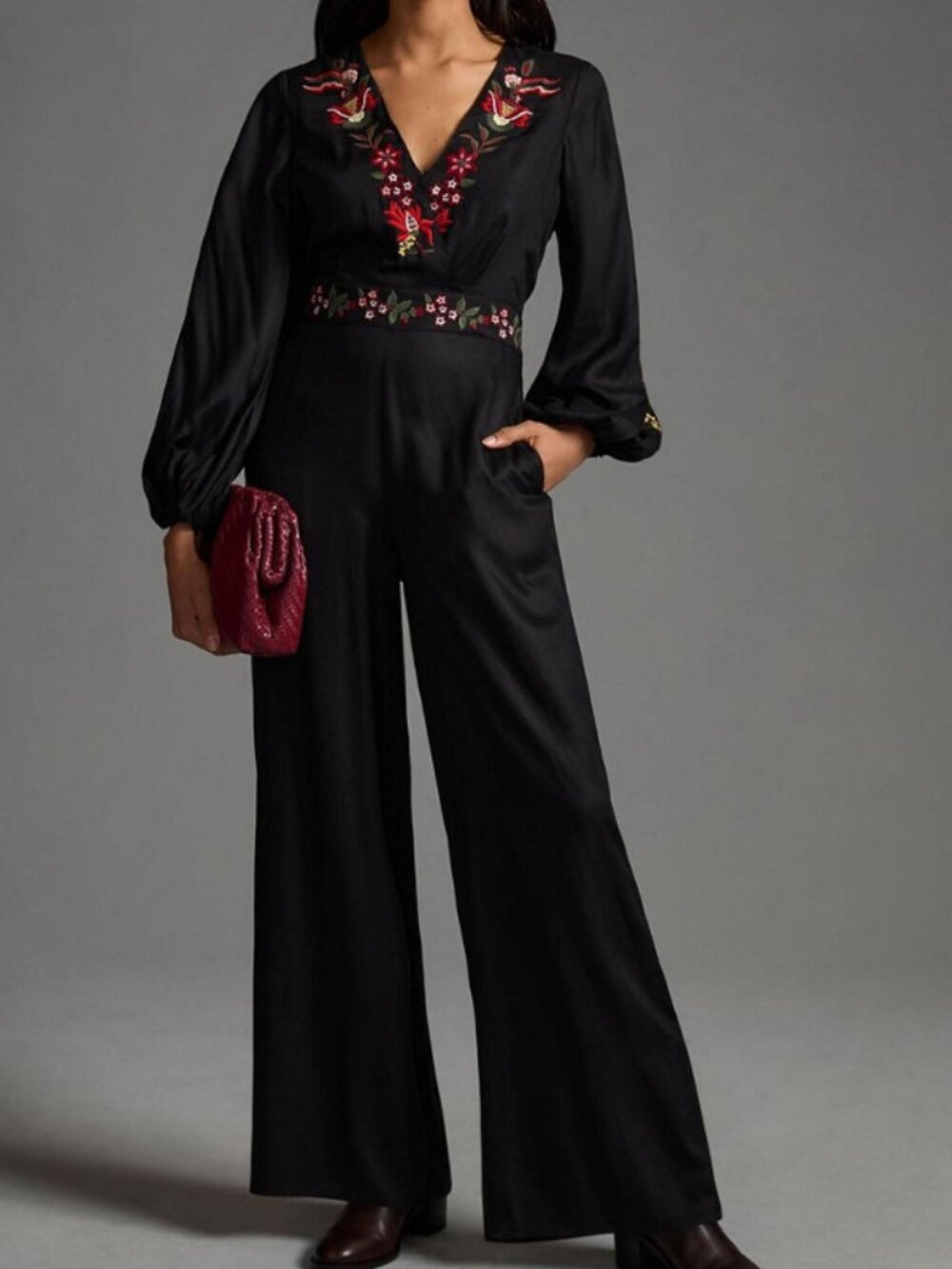 FARM RIO Black Floral Embroidered V-Neck Wide Leg Jumpsuit Small